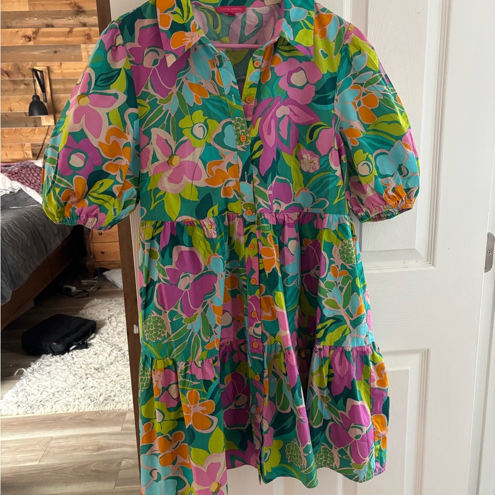 Boutique Vibrant Floral Tiered Button-Front Women’s Dress - Multicolor - Picture 2 of 5